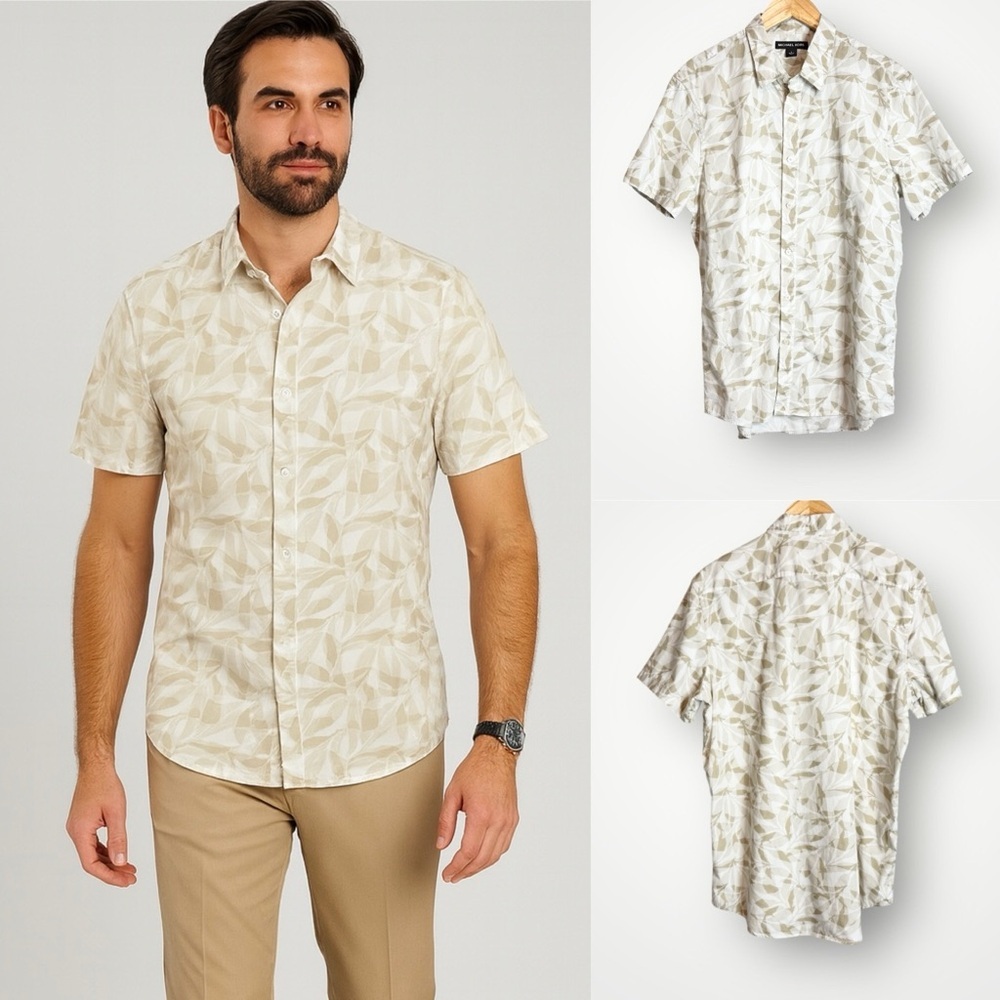 Michael Kors Leaf Print Button Up Shirt Size Large Cotton Short Sleeve EUC